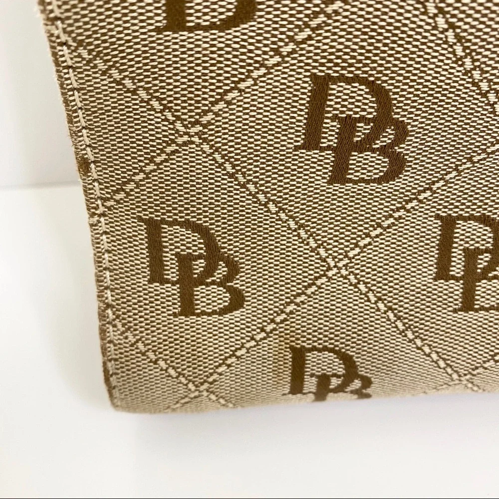 Dooney & Bourke Tan Logo Jacquard Tote with Brown Leather Trim